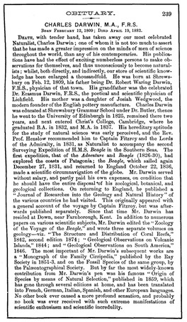 Charles Darwin. M.A., F.R.S. Born February 12, 1809; Died April 19, 1882