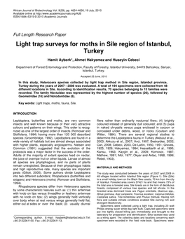 Light Trap Surveys for Moths in Sile Region of Istanbul, Turkey