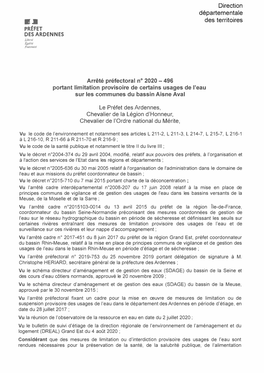 Arrêté Préfectoral N° 2020 - 496 Portant Limitation Provisoire De Certains Usages De L'eau Sur Les Communes Du Bassin Aisne Aval