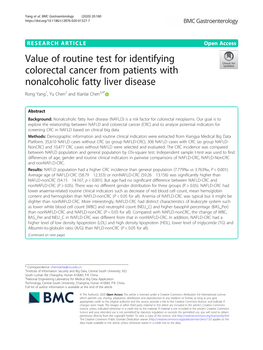 Value of Routine Test for Identifying Colorectal Cancer from Patients with Nonalcoholic Fatty Liver Disease Rong Yang1, Yu Chen2 and Xianlai Chen3,4*