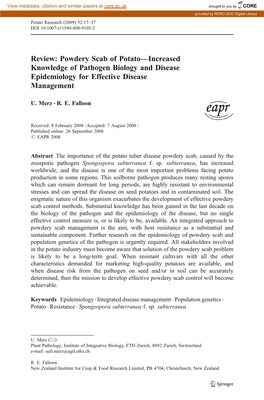 Powdery Scab of Potato—Increased Knowledge of Pathogen Biology and Disease Epidemiology for Effective Disease Management