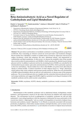 Beta-Aminoisobutyric Acid As a Novel Regulator of Carbohydrate and Lipid Metabolism
