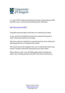Lv, Aofei (2015) Explaining Health Policy Change in China Between 2003 and 2009: Actors, Contexts and Institutionalisation