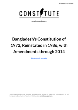 Bangladesh's Constitution of 1972, Reinstated in 1986, with Amendments Through 2014