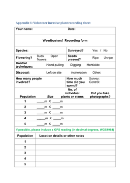 Weedbusters! Recording Form