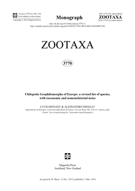 Chilopoda Geophilomorpha of Europe: a Revised List of Species, with Taxonomic and Nomenclatorial Notes