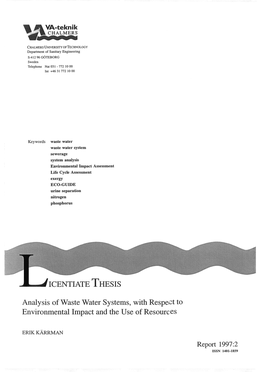 ICENTIATE THESIS Analysis of Waste Water Systems, with Respet~T To