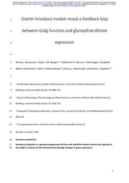 Giantin Knockout Models Reveal a Feedback Loop Between Golgi Function and Glycosyltransferase Expression