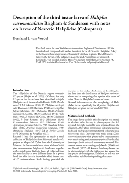 Description of the Third Instar Larva of Haliplus Variomaculatus Brigham & Sanderson with Notes on Larvae of Nearctic Haliplidae (Coleoptera)