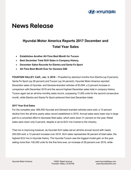 Hyundai Motor America Reports 2017 December and Total Year Sales