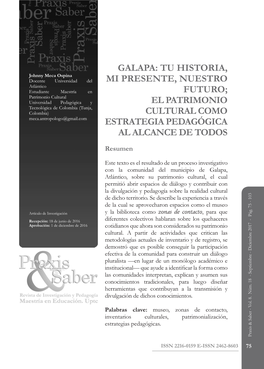 Galapa: Tu Historia, Mi Presente, Nuestro Futuro; El Patrimonio Cultural Como Estrategia Pedagógica Al Alcance De Todos