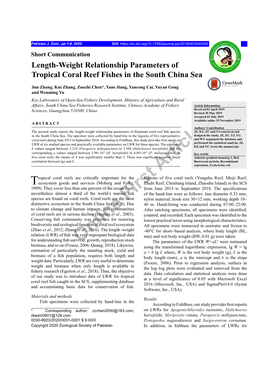 Length-Weight Relationship Parameters of Tropical Coral Reef Fishes in the South China Sea