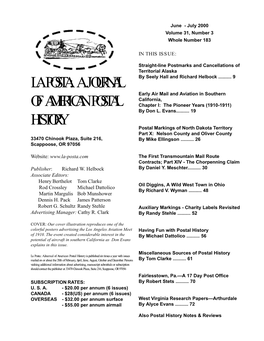 A Journal of American Postal History Is Published Six Times a Year with Issues Mailed on Or About the 20Th of February, April, June, August, October and December