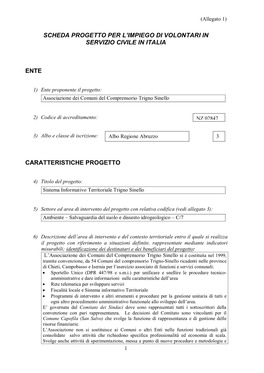 Scheda Progetto Per L'impiego Di Volontari in Servizio Civile in Italia Ente Caratteristiche Progetto