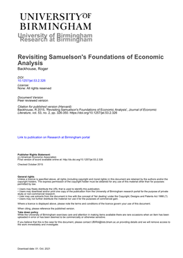 Revisiting Samuelson's Foundations of Economic Analysis Backhouse, Roger