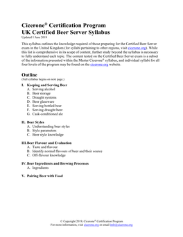 Cicerone® Certification Program UK Certified Beer Server Syllabus Updated 1 June 2019