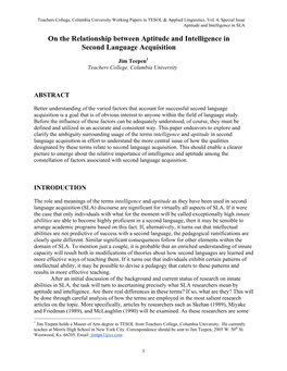 On the Relationship Between Aptitude and Intelligence in Second Language Acquisition