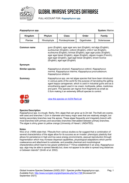 (GISD) 2021. Species Profile Kappaphycus Spp.. Available