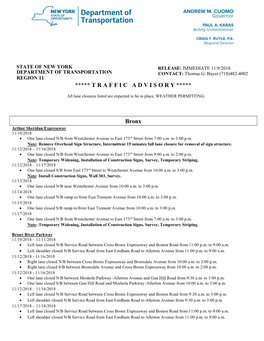 STATE of NEW YORK RELEASE: IMMEDIATE 11/9/2018 DEPARTMENT of TRANSPORTATION CONTACT: Thomas G