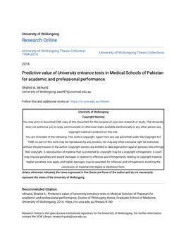 Predictive Value of University Entrance Tests in Medical Schools of Pakistan for Academic and Professional Performance