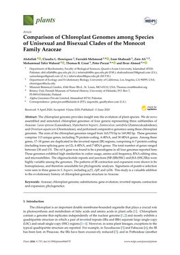 Comparison of Chloroplast Genomes Among Species of Unisexual and Bisexual Clades of the Monocot Family Araceae