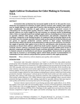 Apple Cultivar Evaluations for Cider Making in Vermont, U.S.A. T.L