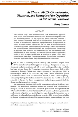 As Clear As MUD: Characteristics, Objectives, and Strategies of the Opposition in Bolivarian Venezuela