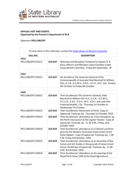 OFFICIAL VISIT and EVENTS Organised by the Premier’S Department of W.A