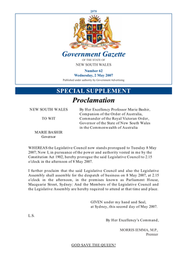Government Gazette of the STATE of NEW SOUTH WALES Number 62 Wednesday, 2 May 2007 Published Under Authority by Government Advertising