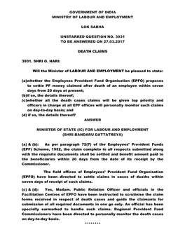 Government of India Ministry of Labour and Employment Lok Sabha Unstarred Question No