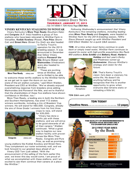 Vinery Kentucky Stallions to Winstar Tdn Today