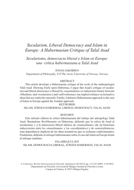 Secularism, Liberal Democracy and Islam in Europe: a Habermasian Critique of Talal Asad