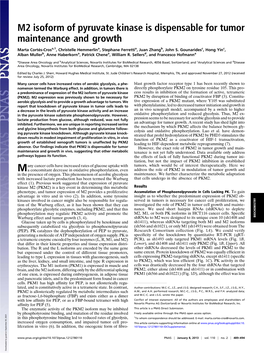 M2 Isoform of Pyruvate Kinase Is Dispensable for Tumor Maintenance and Growth