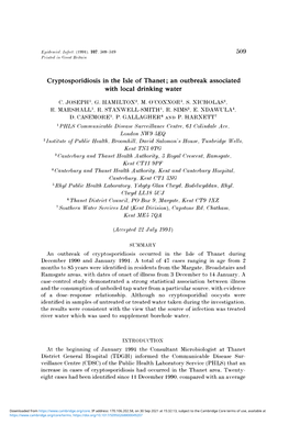 Cryptosporidiosis in the Isle of Thanet; an Outbreak Associated with Local Drinking Water