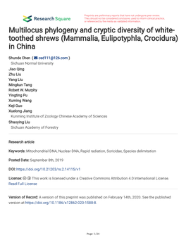 Toothed Shrews (Mammalia, Eulipotyphla, Crocidura) in China