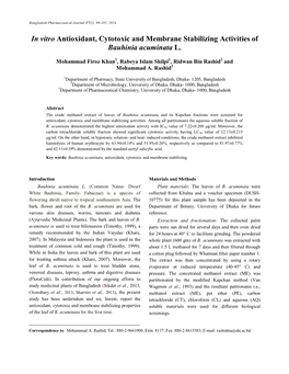 In Vitro Antioxidant, Cytotoxic and Membrane Stabilizing Activities of Bauhinia Acuminata L