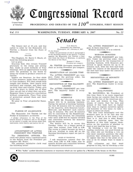 Congressional Record United States Th of America PROCEEDINGS and DEBATES of the 110 CONGRESS, FIRST SESSION