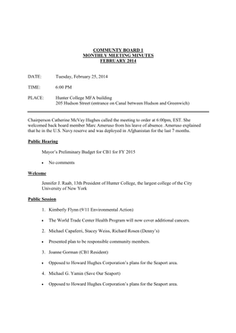 Communty Board 1 Monthly Meeting Minutes February 2014