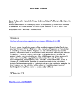 Genetic Differentiation in Scottish Populations of the Pine Beauty Moth