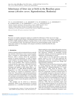 Inheritance of Litter Size at Birth in the Brazilian Grass Mouse (Akodon Cursor, Sigmodontinae, Rodentia)