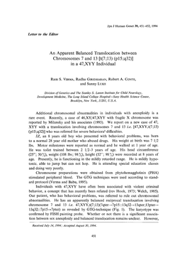 An Apparent Balanced Translocation Between Chromosomes 7 and 13 [T(7;13) (P15 ;Q32)] in a 47,XYY Individual