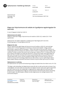 Klage Over Vinje Kommune Sitt Vedtak Om Å Godkjenne Reguleringsplan for Vierli H35