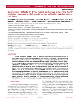 Cumulative Defects in DNA Repair Pathways Drive the PARP Inhibitor Response in High-Grade Serous Epithelial Ovarian Cancer Cell Lines