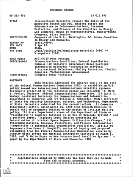 The Roles of the Executive Branch and FCC. Hearing Before