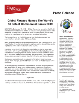 Global Finance Names the World's 50 Safest Commercial Banks 2019