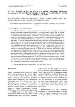 METALS ACCUMULATION in CULTURED TIGER GROUPER, Epinephelus Fuscoguttatus with ESTIMATED WEEKLY in TAKE LEVELS from EAST COAST of PENINSULAR MALAYSIA