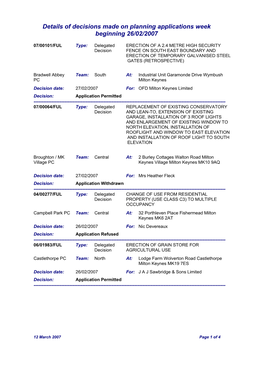 Details of Decisions Made on Planning Applications Week Beginning 26/02/2007