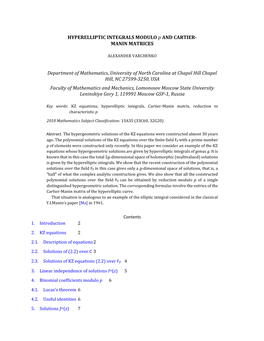 HYPERELLIPTIC INTEGRALS MODULO P and CARTIER- MANIN MATRICES