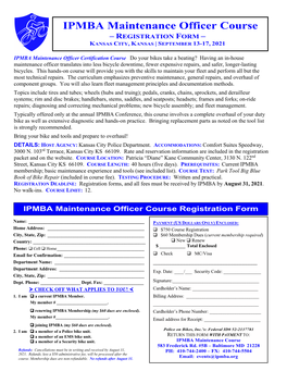 IPMBA Maintenance Officer Course –REGISTRATION FORM – KANSAS CITY, KANSAS | SEPTEMBER 13-17, 2021