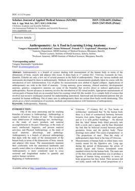 Anthropometry: As a Tool in Learning Living Anatomy Vangara Shanmukhi Varalakshmi1, Sanna Mehmood2, Patnaik V.V